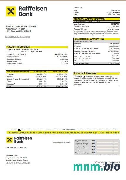 Chorwacja Bank Raiffeisen wyciąg z kredytu hipotecznego szablon Word i PDF